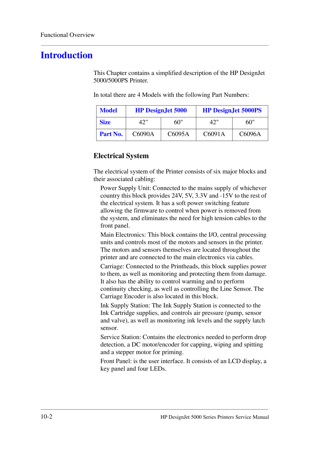 HP 5000 manual Introduction, Electrical System 