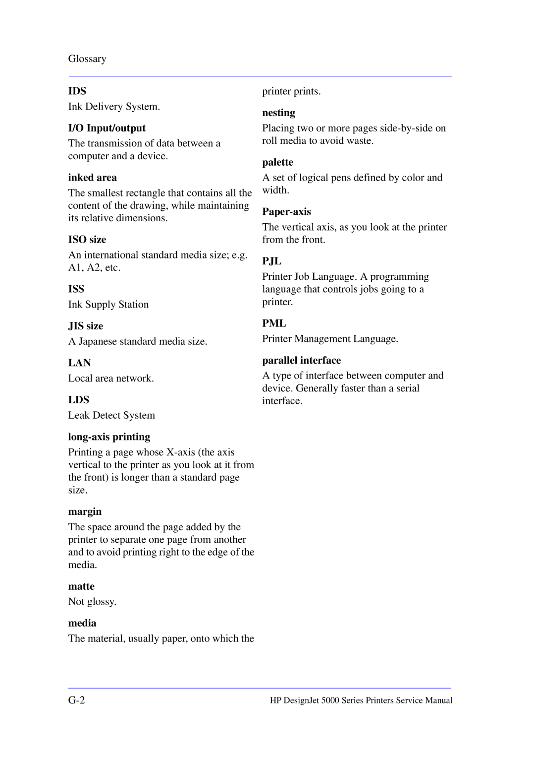 HP 5000 manual Input/output, Inked area, ISO size, JIS size, Long-axis printing, Margin, Matte, Media, Nesting, Palette 