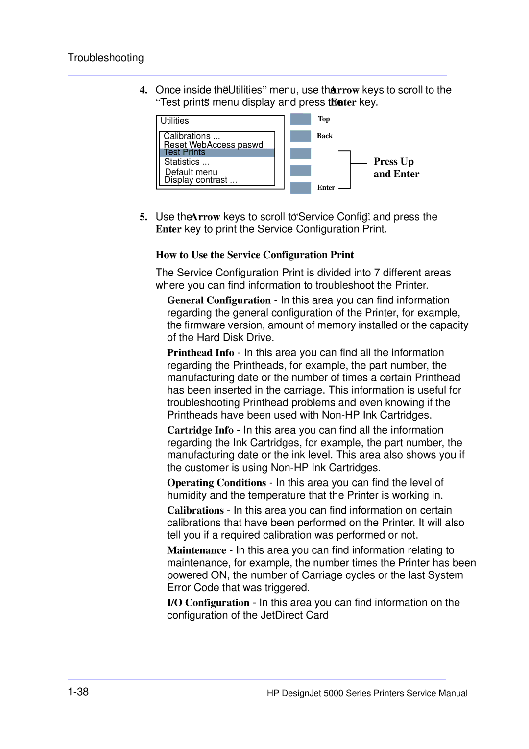 HP 5000 manual Press Up and Enter, How to Use the Service Configuration Print 