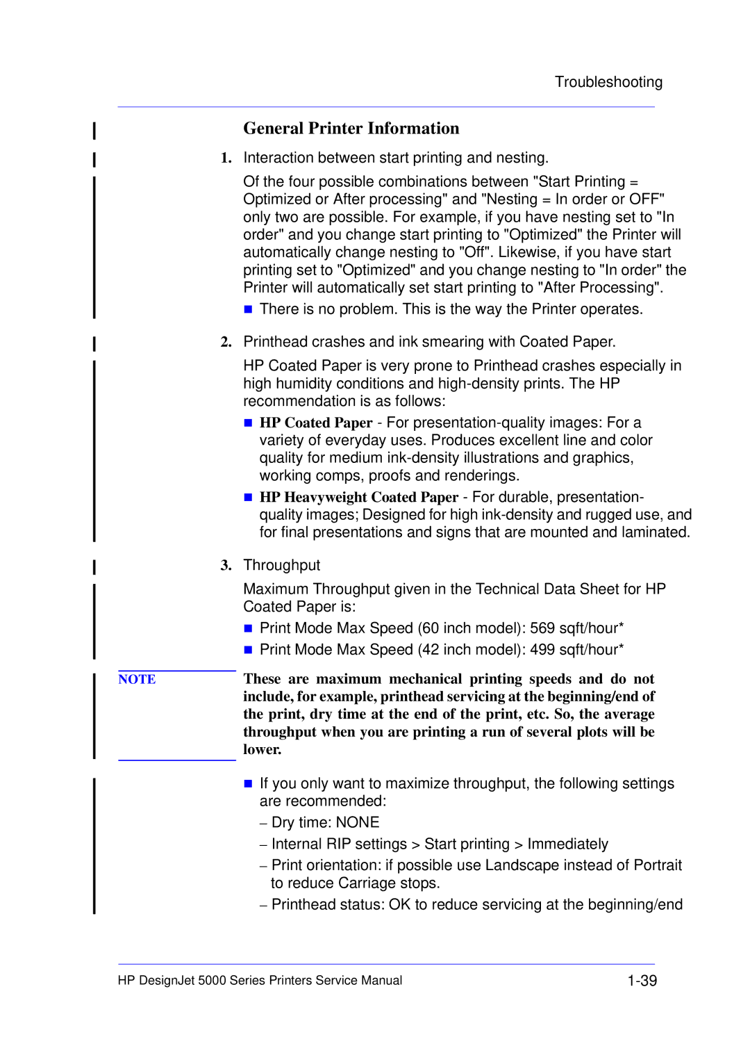 HP 5000 manual General Printer Information, These are maximum mechanical printing speeds and do not, Lower 