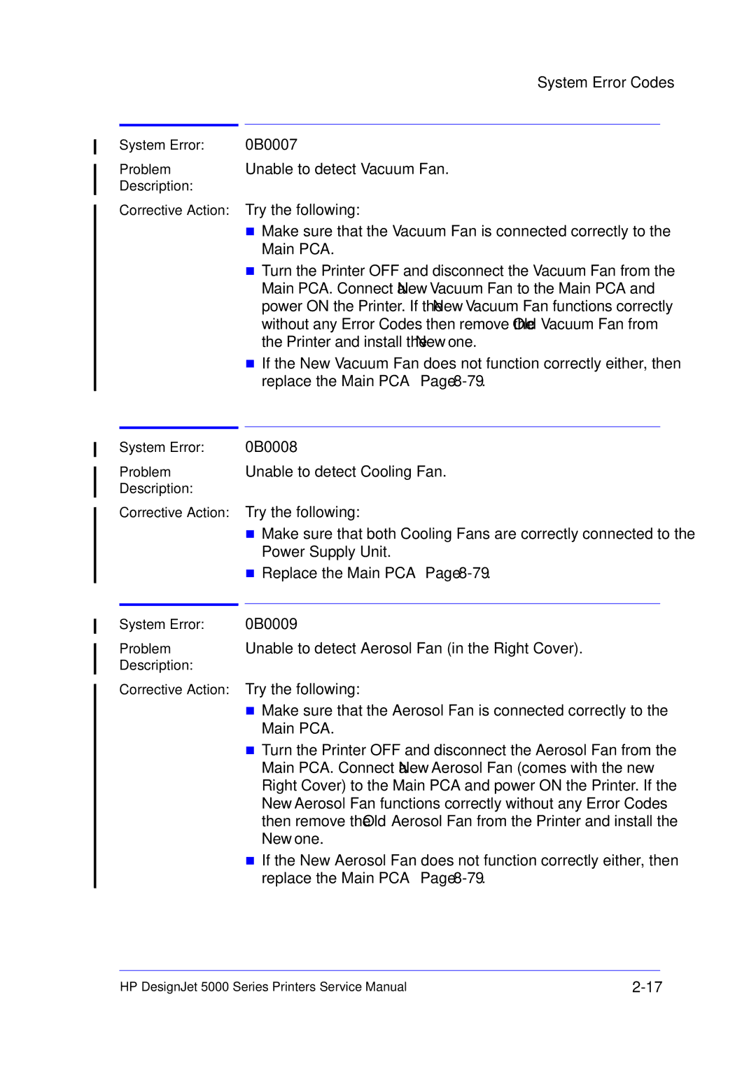 HP 5000 manual System Error Problem Description Corrective Action 