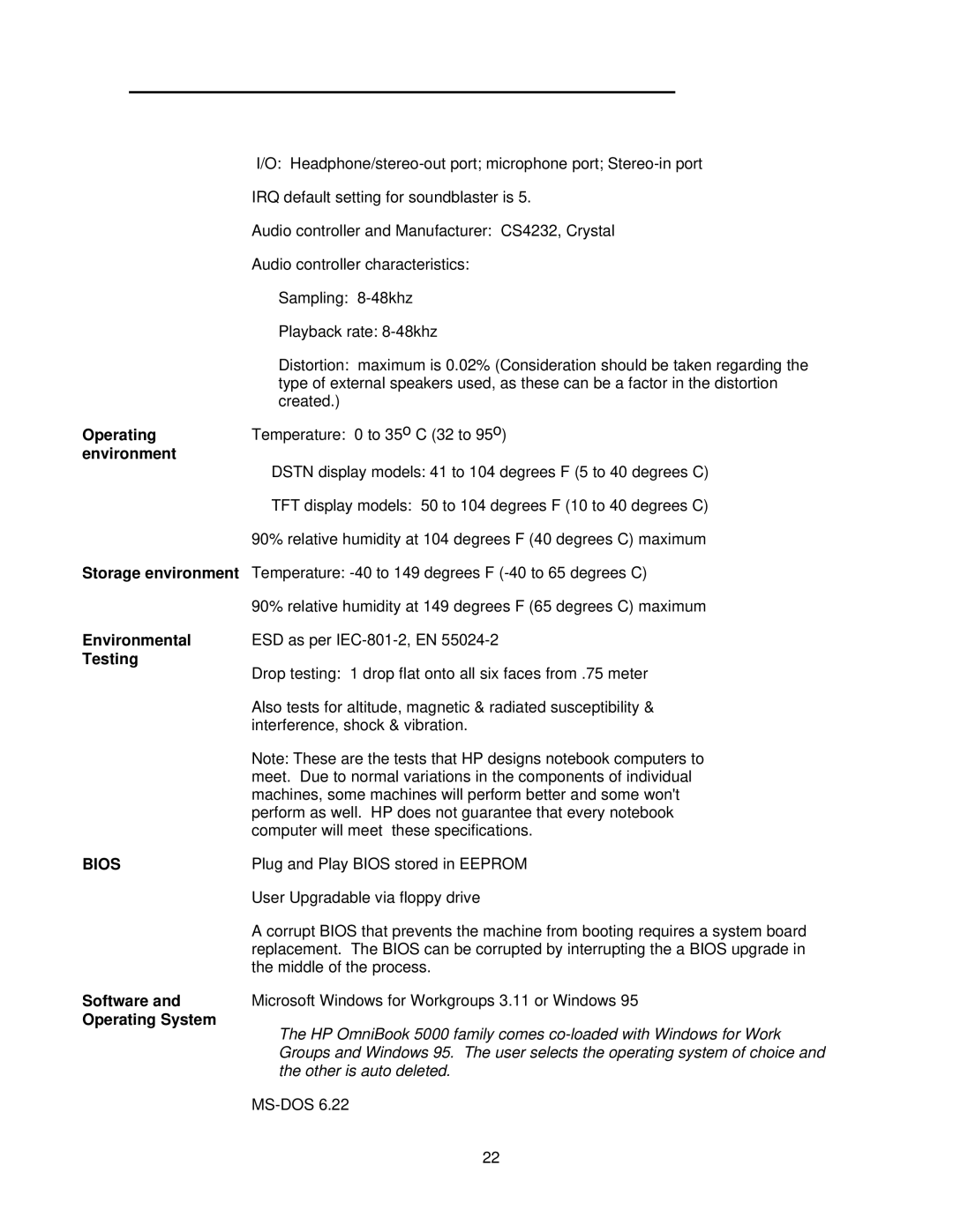 HP 5000C/CT manual Storage environment, Environmental, Testing, Software, Operating System 