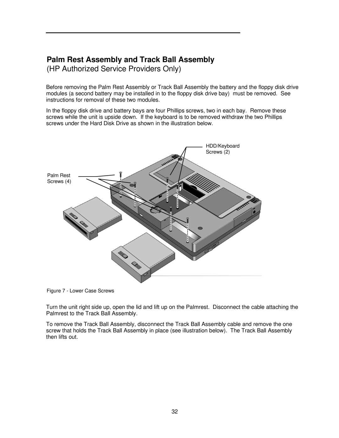 HP 5000C/CT manual Palm Rest Assembly and Track Ball Assembly, Lower Case Screws 