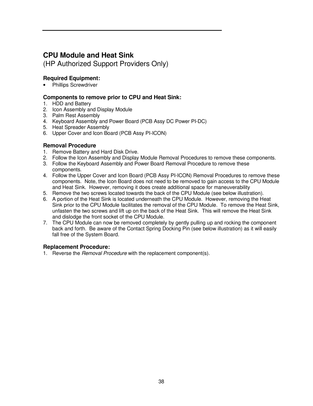 HP 5000C/CT manual CPU Module and Heat Sink, HP Authorized Support Providers Only 