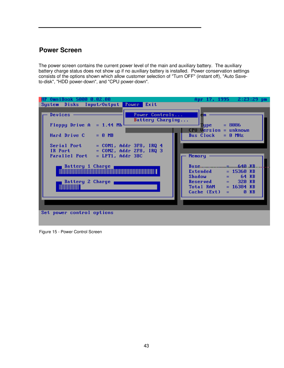 HP 5000C/CT manual Power Screen, Power Control Screen 