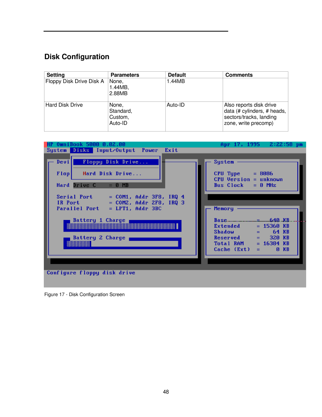 HP 5000C/CT manual Disk Configuration Screen 