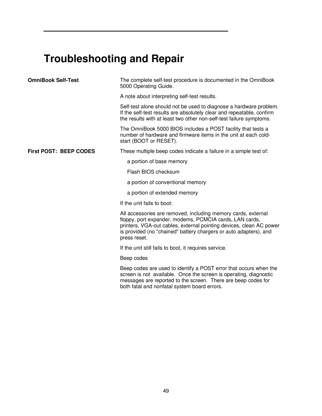 HP 5000C/CT manual Troubleshooting and Repair, OmniBook Self-Test, First Post Beep Codes 