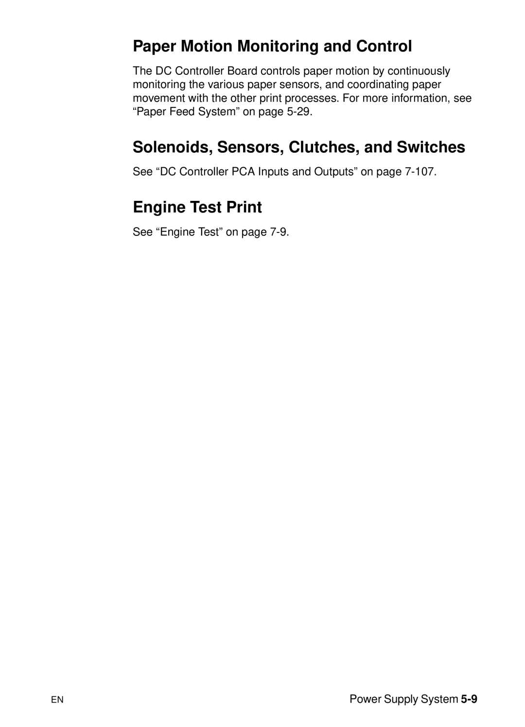 HP 5000n manual Paper Motion Monitoring and Control, Solenoids, Sensors, Clutches, and Switches, Engine Test Print 