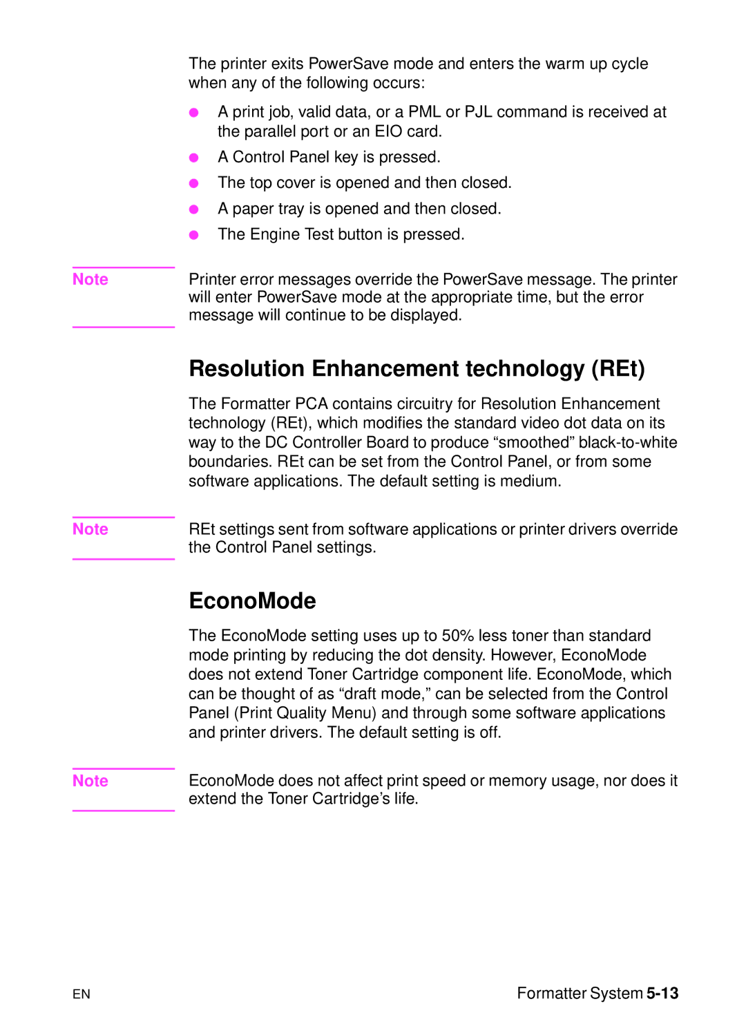 HP 5000n manual Resolution Enhancement technology REt, EconoMode 