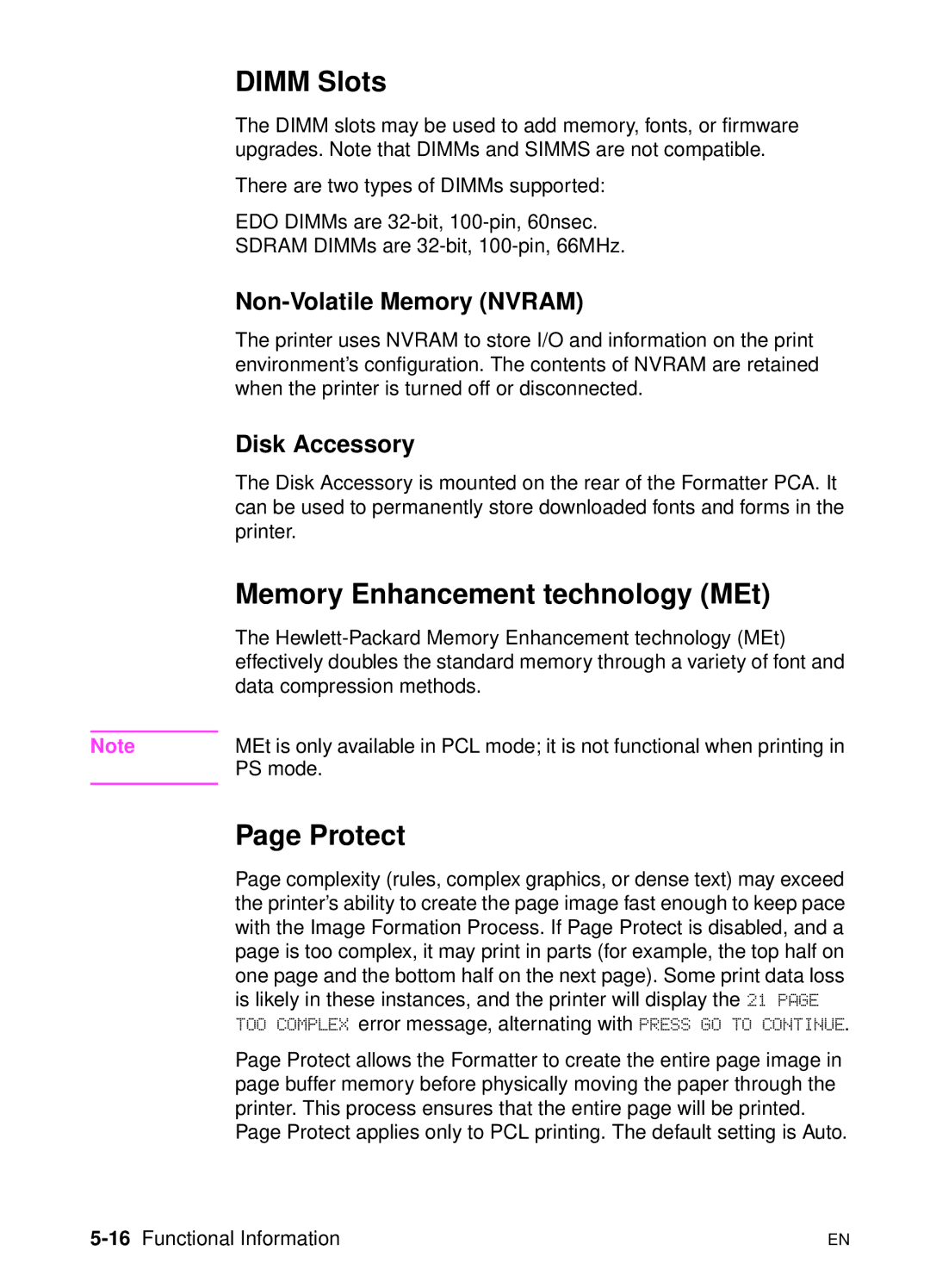 HP 5000n manual Dimm Slots, Memory Enhancement technology MEt, Protect, Non-Volatile Memory Nvram, Disk Accessory 