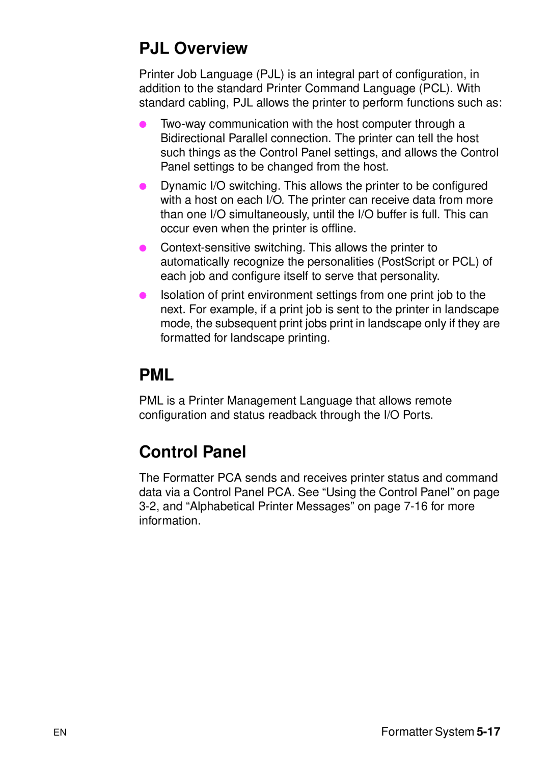 HP 5000n manual PJL Overview, Control Panel 