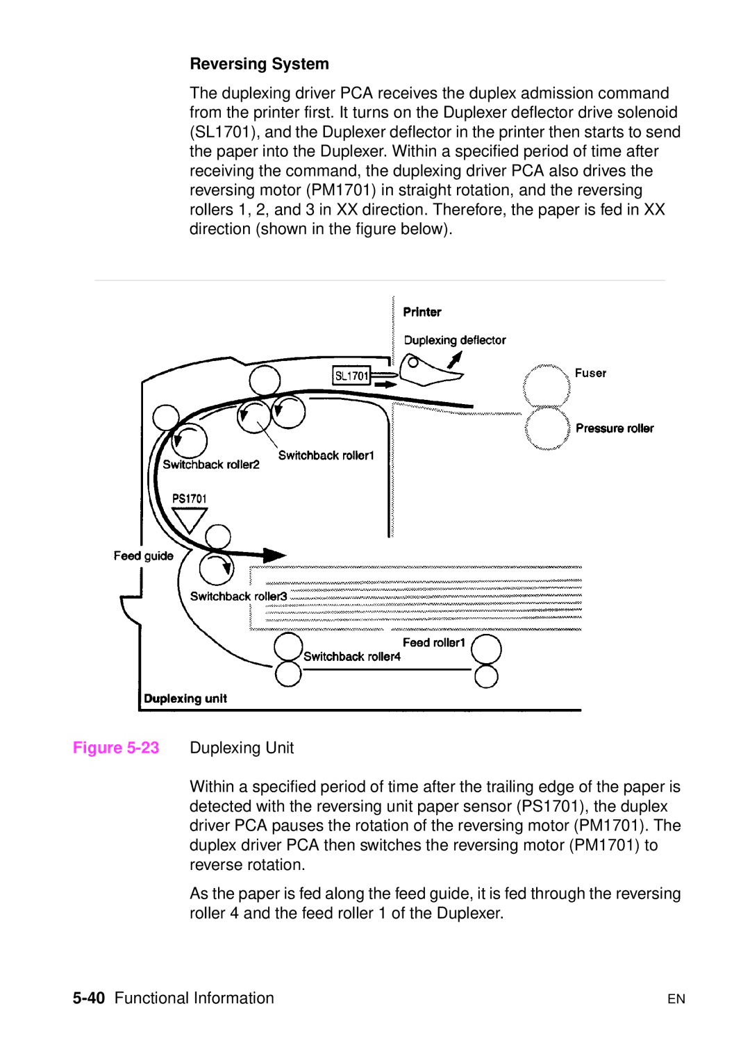 HP 5000n manual Reversing System, 40Functional Information 