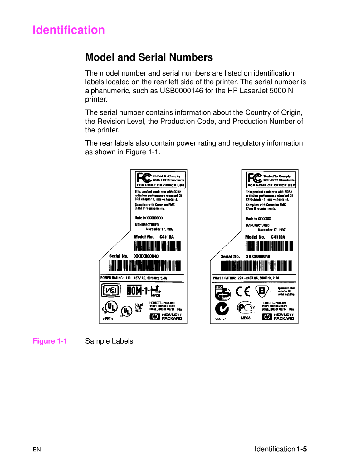 HP 5000n manual Identification, Model and Serial Numbers 