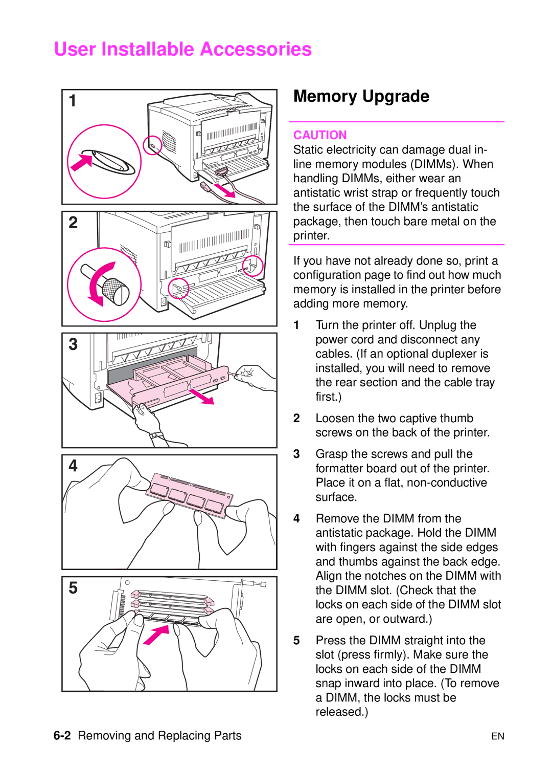 HP 5000n manual User Installable Accessories, Memory Upgrade, 2Removing and Replacing Parts 