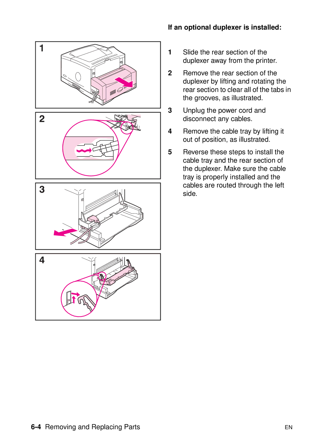 HP 5000n manual If an optional duplexer is installed, 4Removing and Replacing Parts 