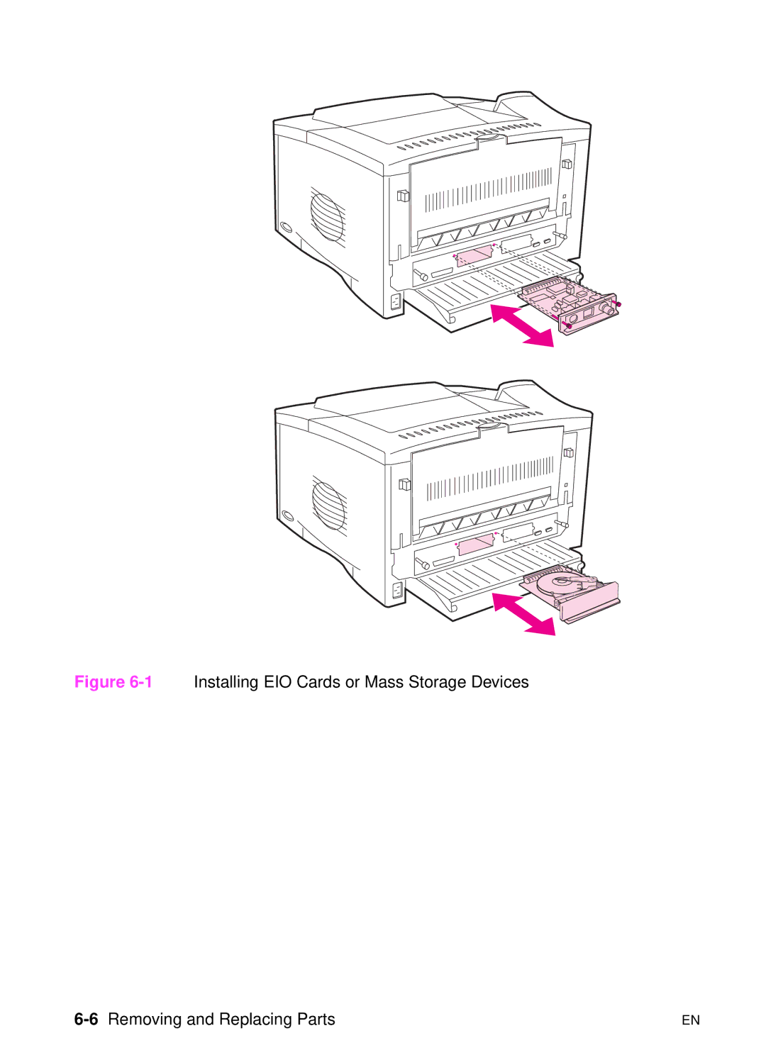 HP 5000n manual 1Installing EIO Cards or Mass Storage Devices, 6Removing and Replacing Parts 