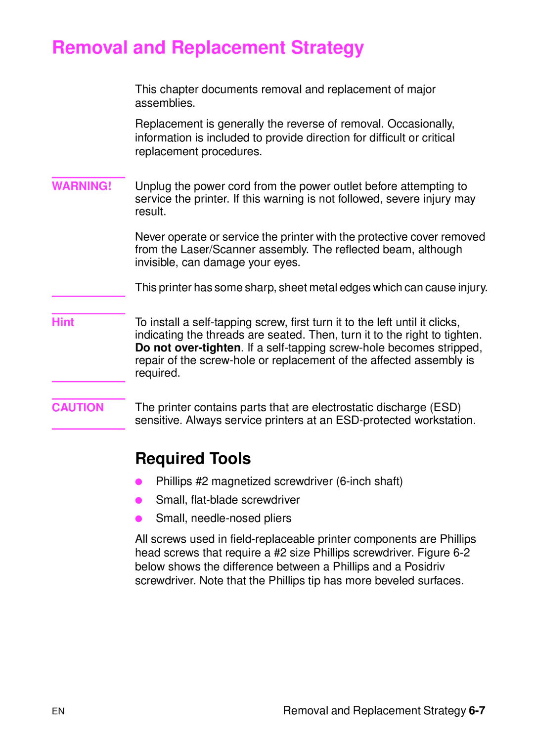 HP 5000n manual Removal and Replacement Strategy, Required Tools 