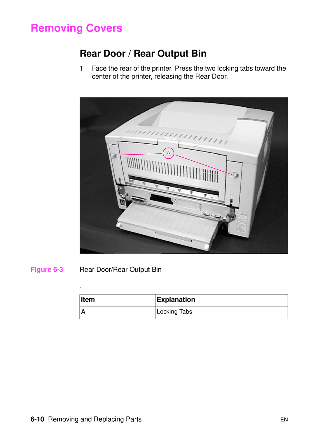 HP 5000n manual Removing Covers, Rear Door / Rear Output Bin, 10Removing and Replacing Parts 