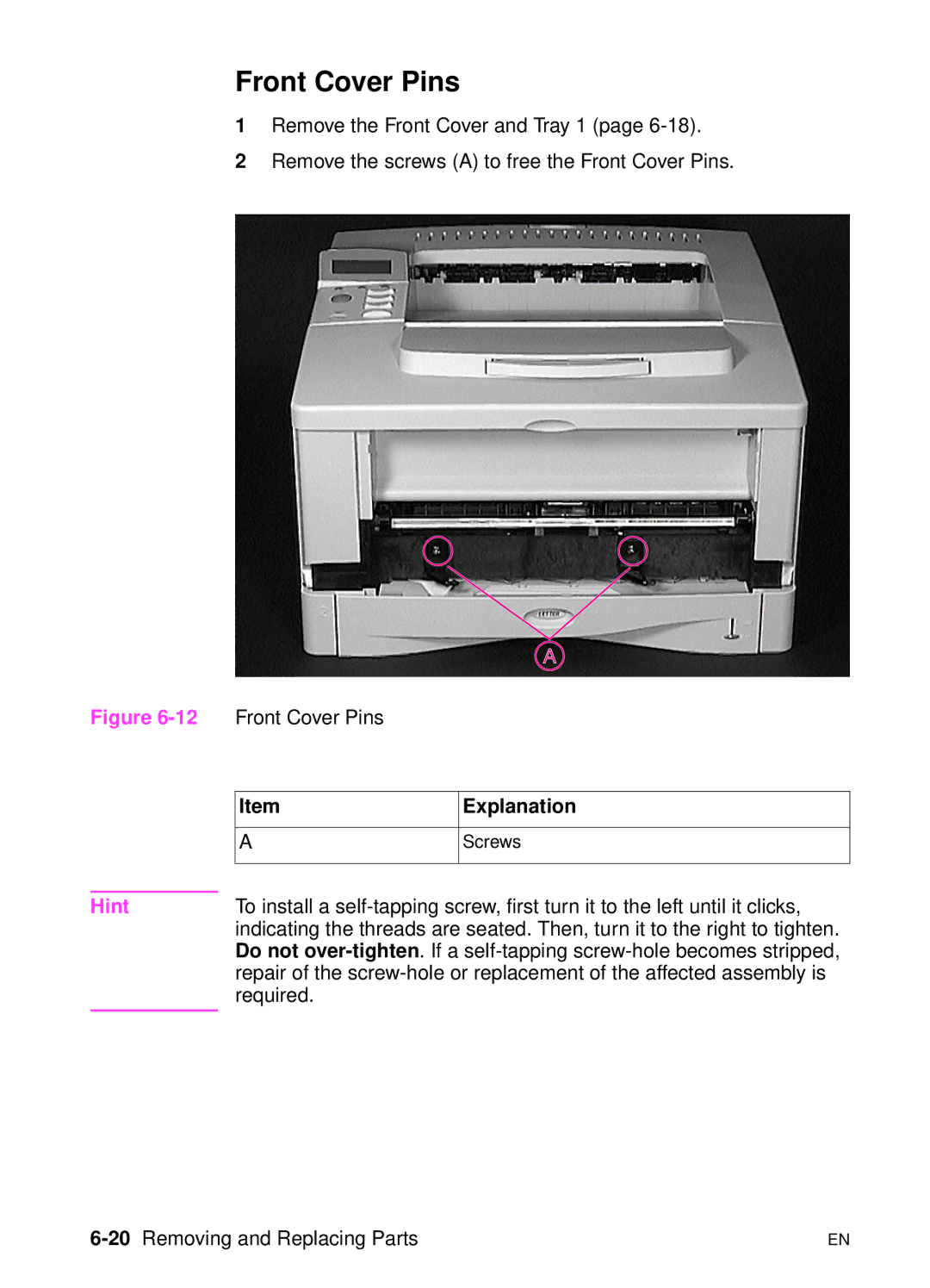 HP 5000n manual Front Cover Pins, 20Removing and Replacing Parts 