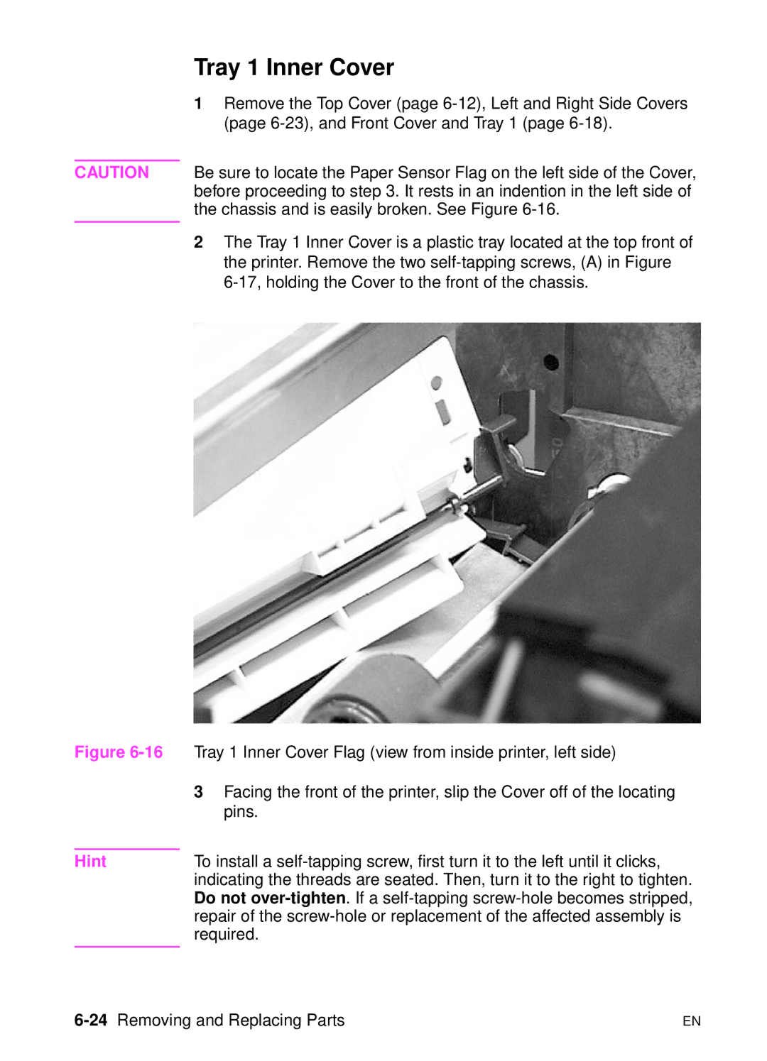 HP 5000n manual Tray 1 Inner Cover, 24Removing and Replacing Parts 