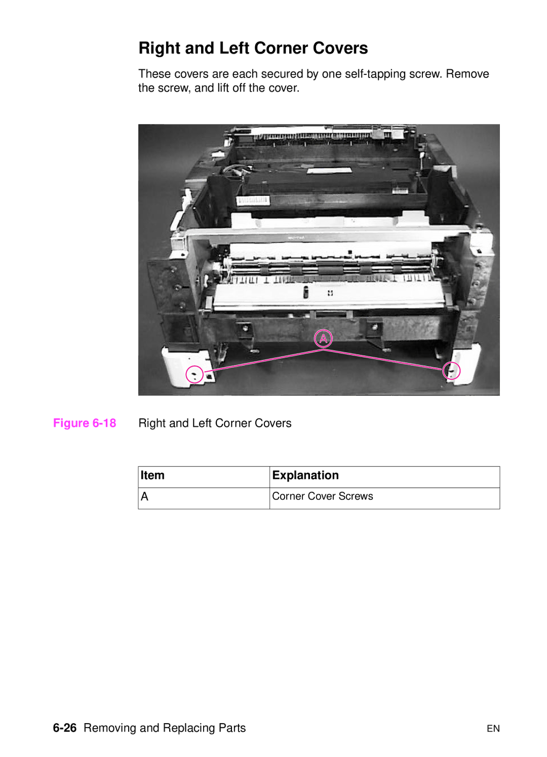 HP 5000n manual Right and Left Corner Covers, 26Removing and Replacing Parts 