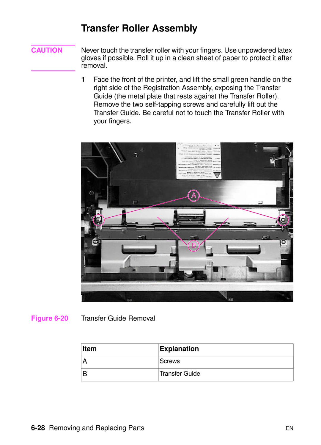 HP 5000n manual Transfer Roller Assembly, 28Removing and Replacing Parts 