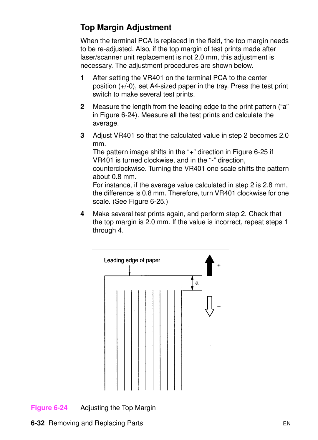 HP 5000n manual Top Margin Adjustment, 32Removing and Replacing Parts 