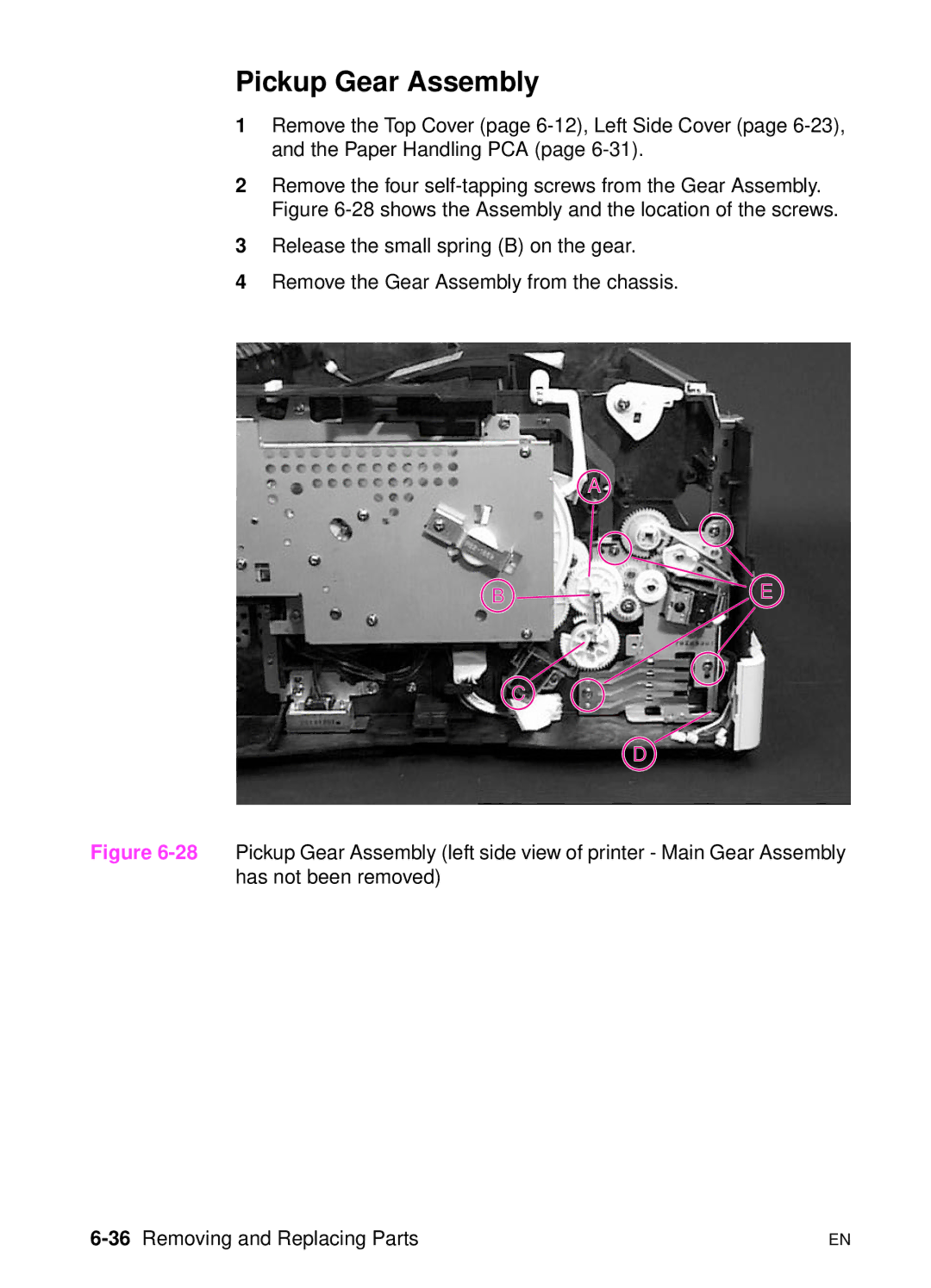 HP 5000n manual Pickup Gear Assembly, 36Removing and Replacing Parts 