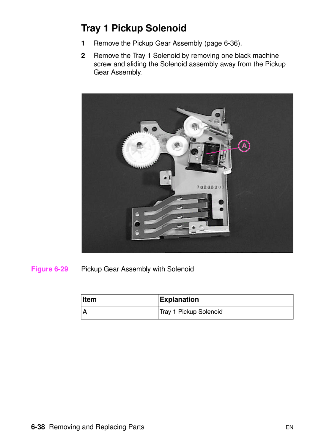 HP 5000n manual Tray 1 Pickup Solenoid, 38Removing and Replacing Parts 