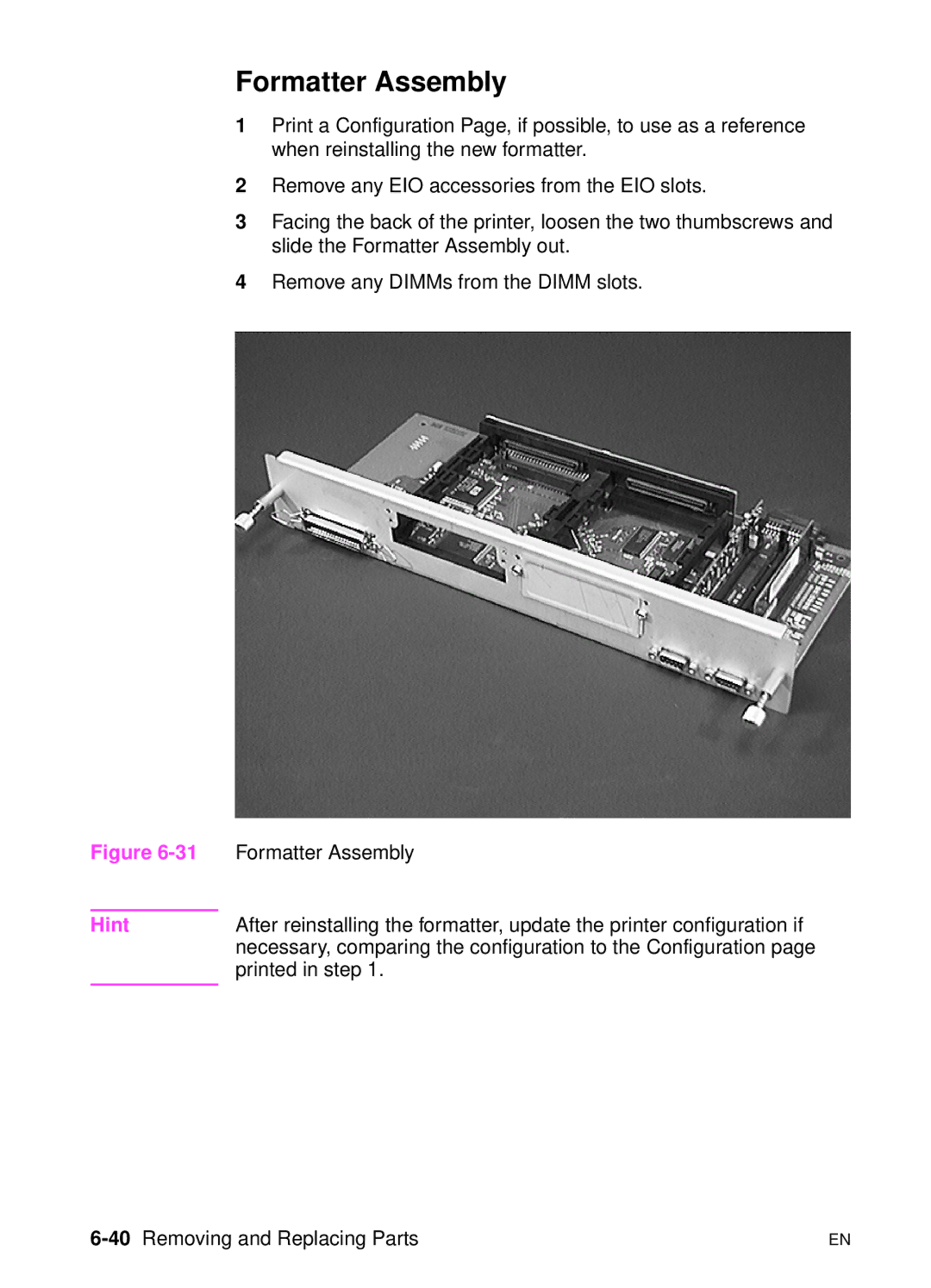 HP 5000n manual Formatter Assembly, 40Removing and Replacing Parts 