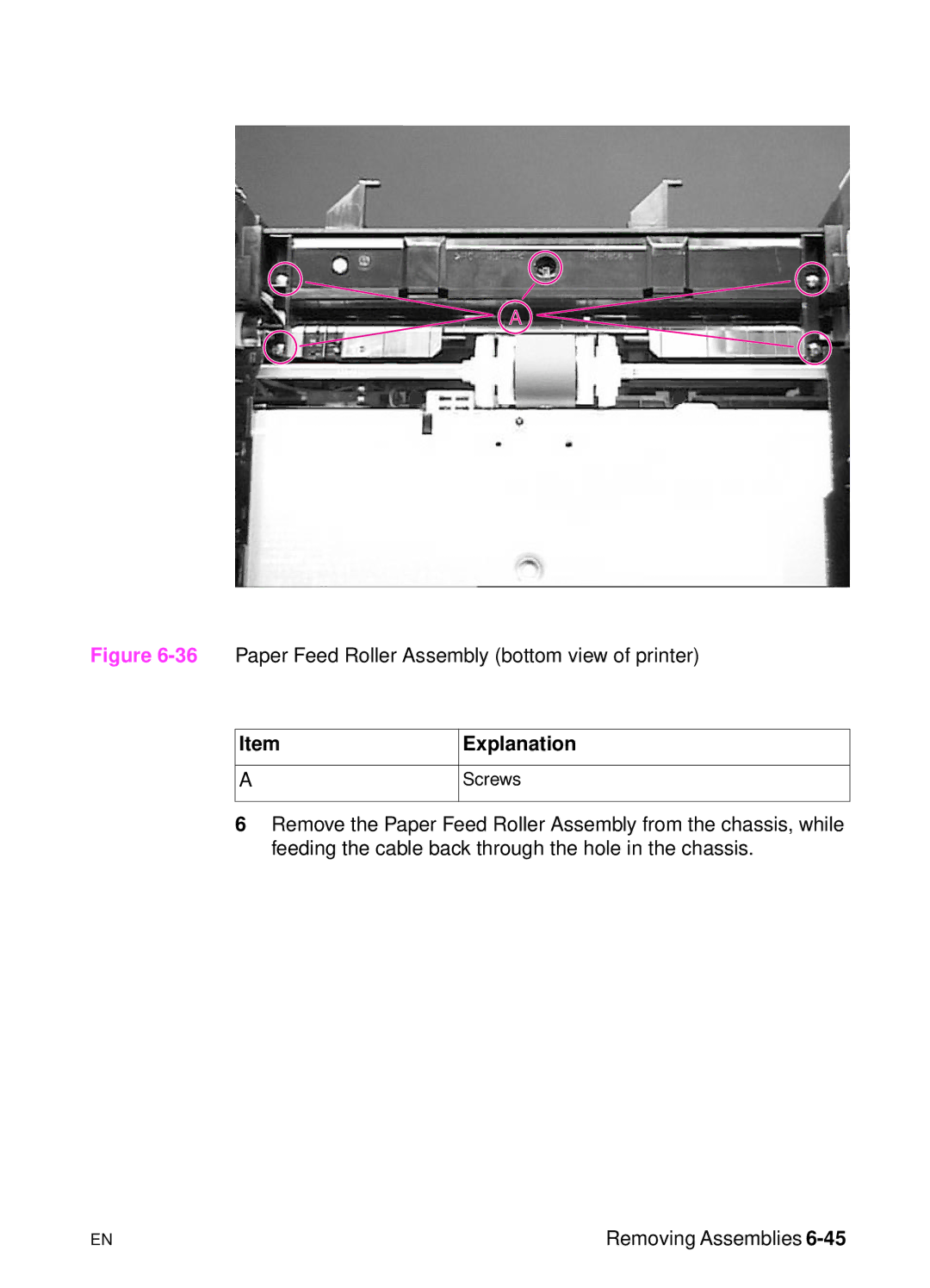 HP 5000n manual 36Paper Feed Roller Assembly bottom view of printer 