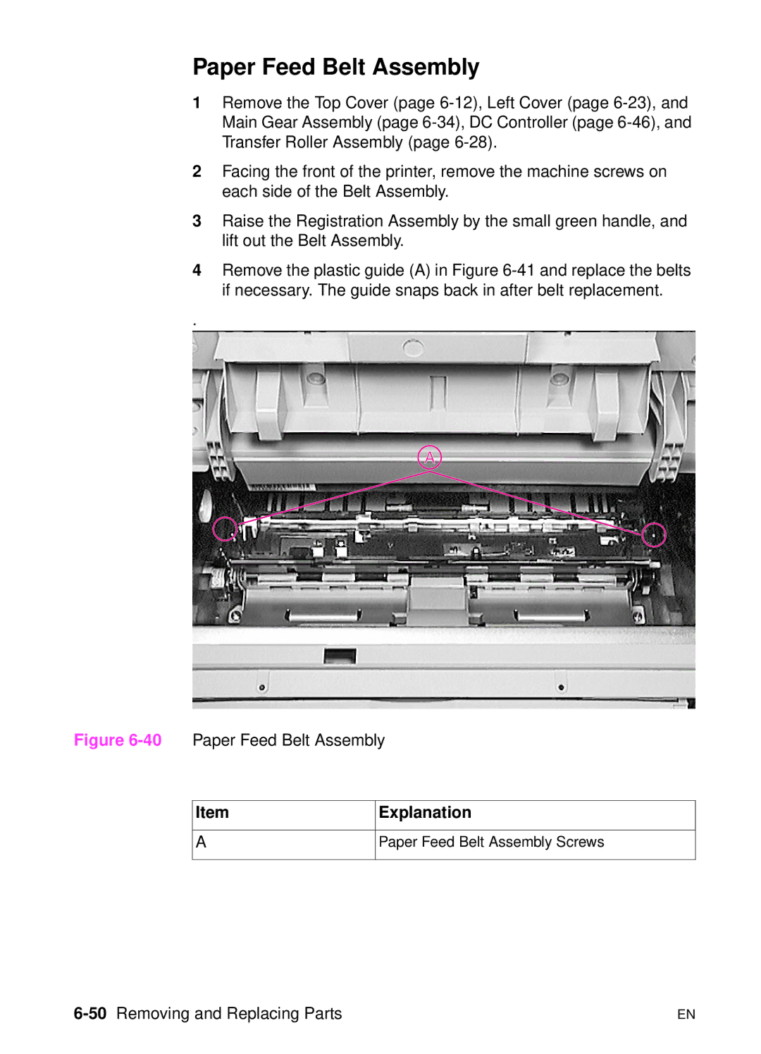 HP 5000n manual Paper Feed Belt Assembly, 50Removing and Replacing Parts 