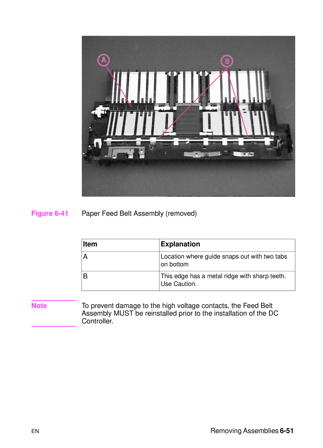 HP 5000n manual 41Paper Feed Belt Assembly removed 