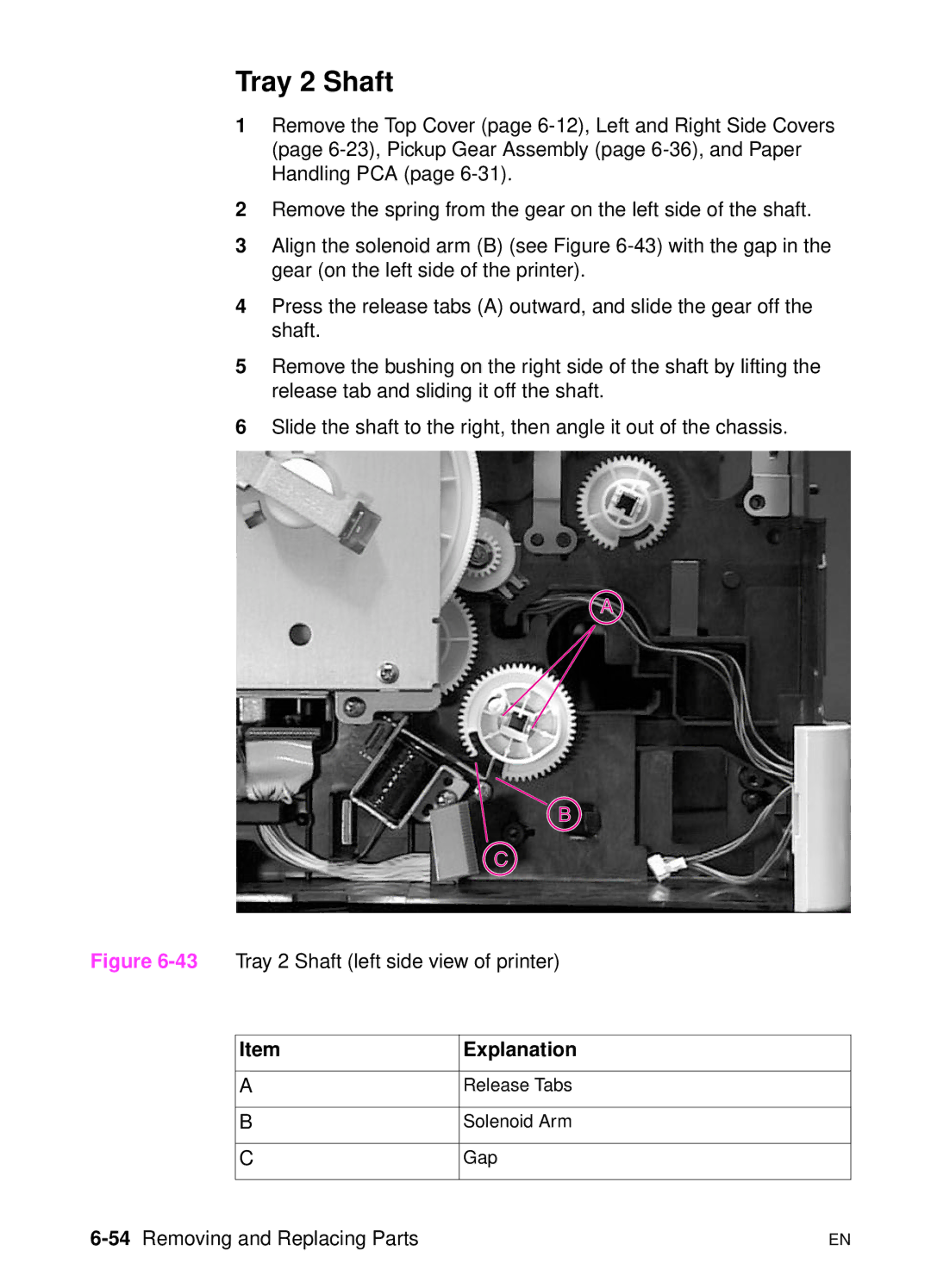 HP 5000n manual Tray 2 Shaft, 54Removing and Replacing Parts 