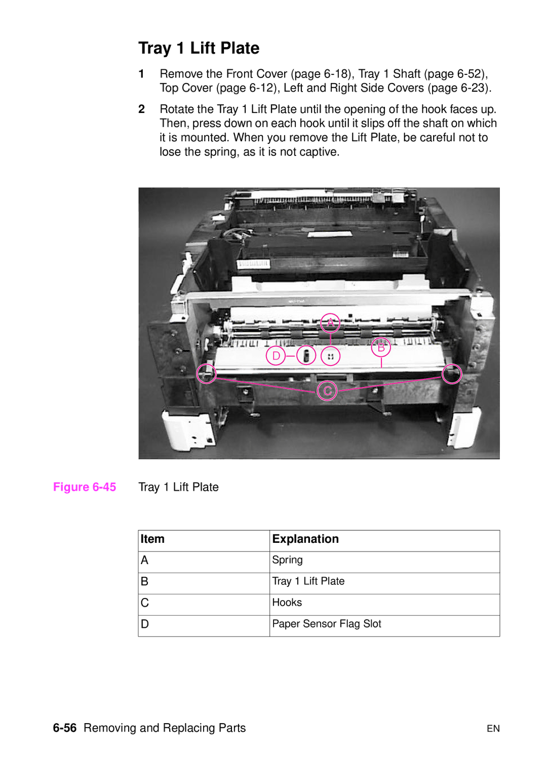 HP 5000n manual Tray 1 Lift Plate, 56Removing and Replacing Parts 