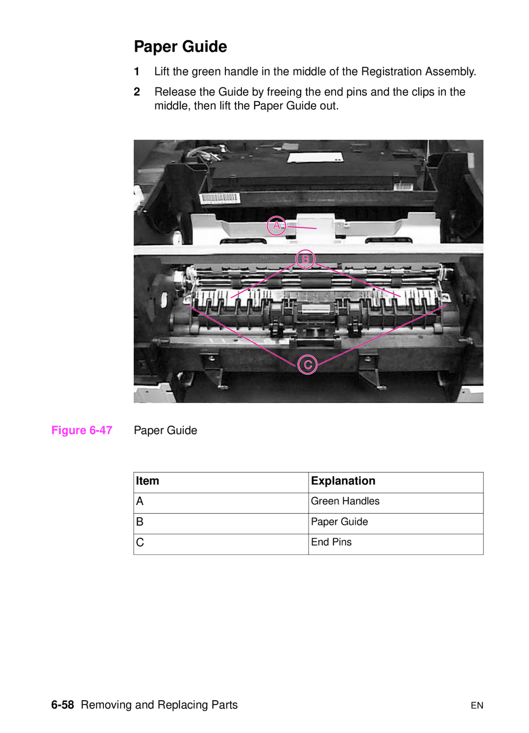 HP 5000n manual Paper Guide, 58Removing and Replacing Parts 