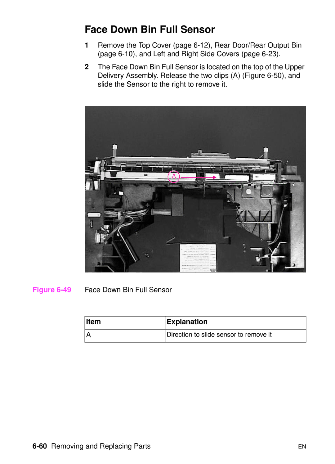 HP 5000n manual Face Down Bin Full Sensor, 60Removing and Replacing Parts 