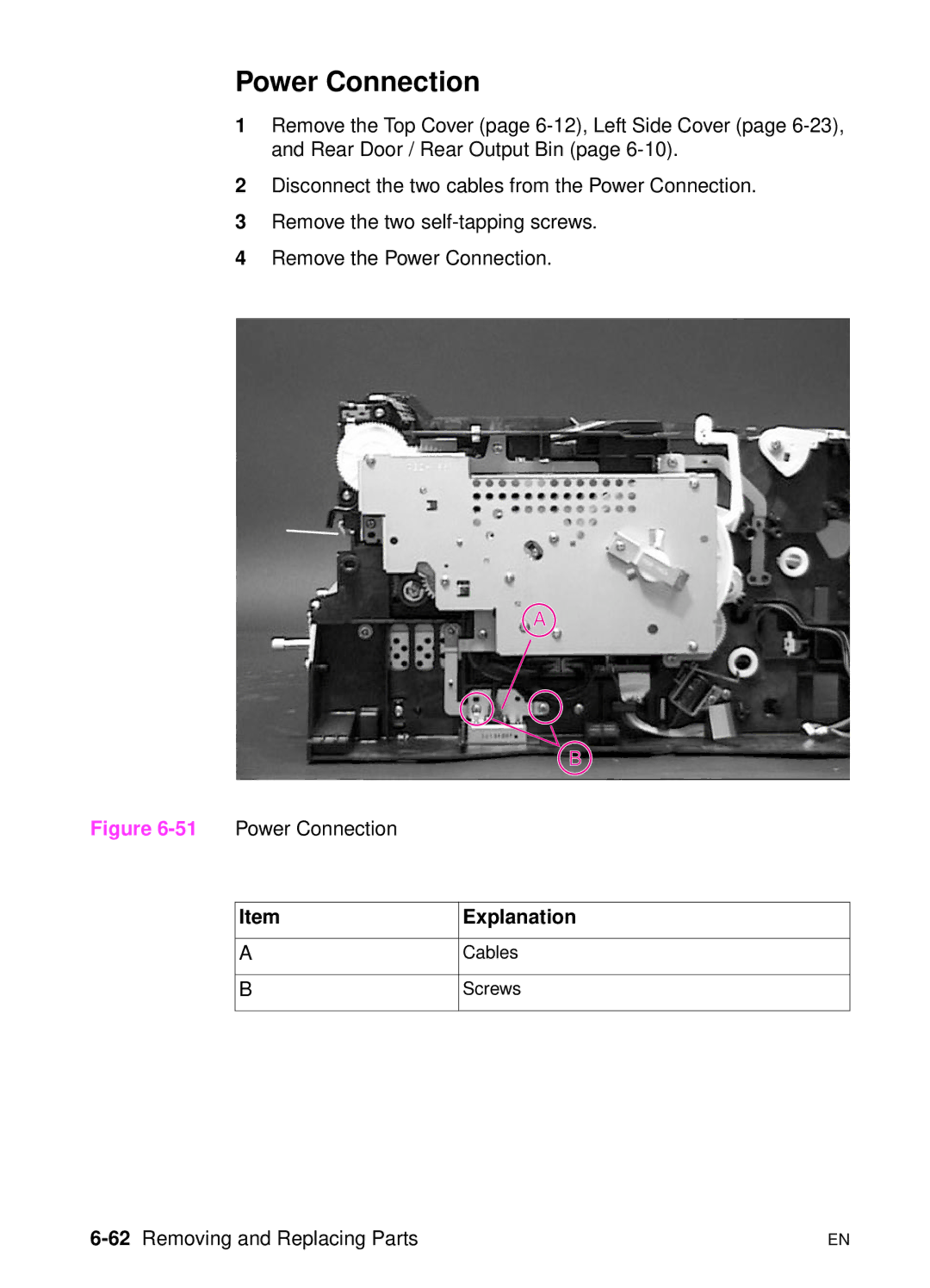 HP 5000n manual Power Connection, 62Removing and Replacing Parts 