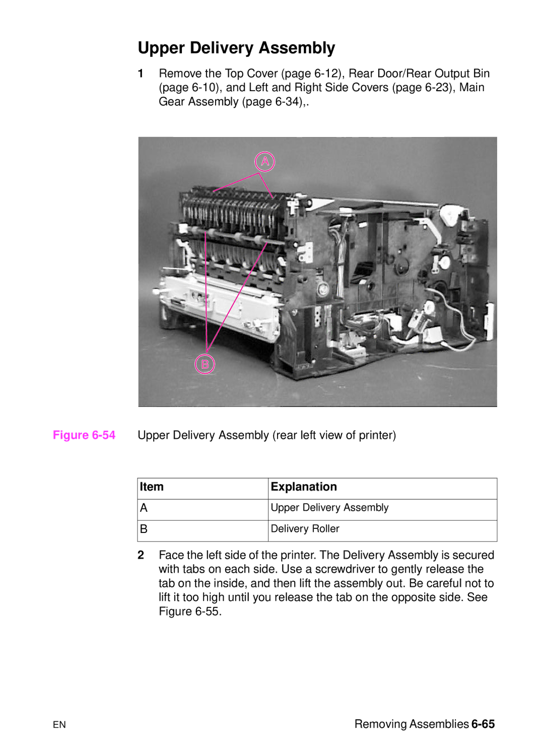 HP 5000n manual 54Upper Delivery Assembly rear left view of printer 