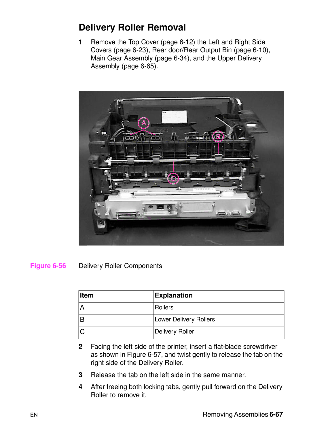 HP 5000n manual Delivery Roller Removal, 56Delivery Roller Components 