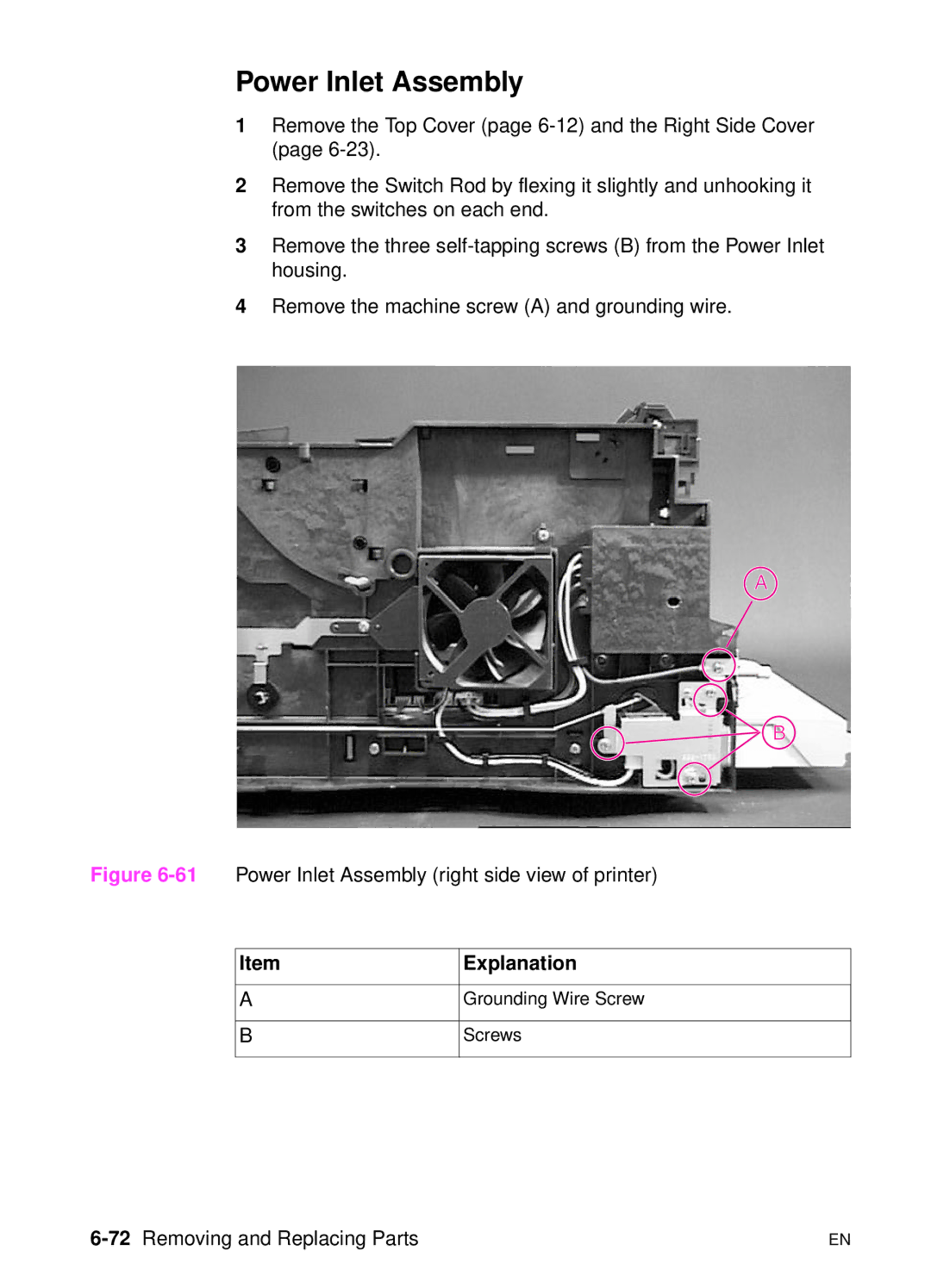 HP 5000n manual Power Inlet Assembly, 72Removing and Replacing Parts 