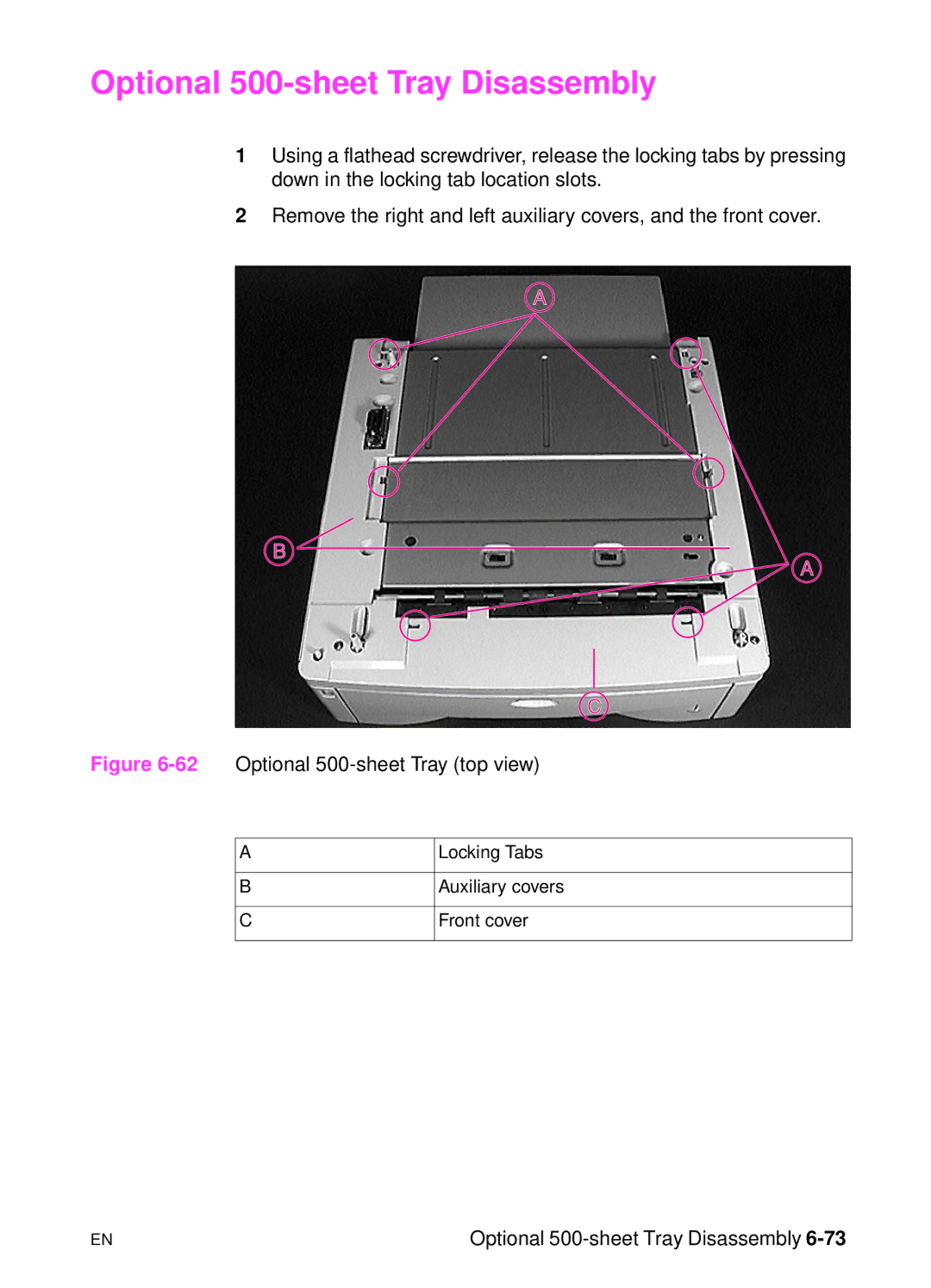 HP 5000n manual Optional 500-sheet Tray Disassembly, 62Optional 500-sheet Tray top view 