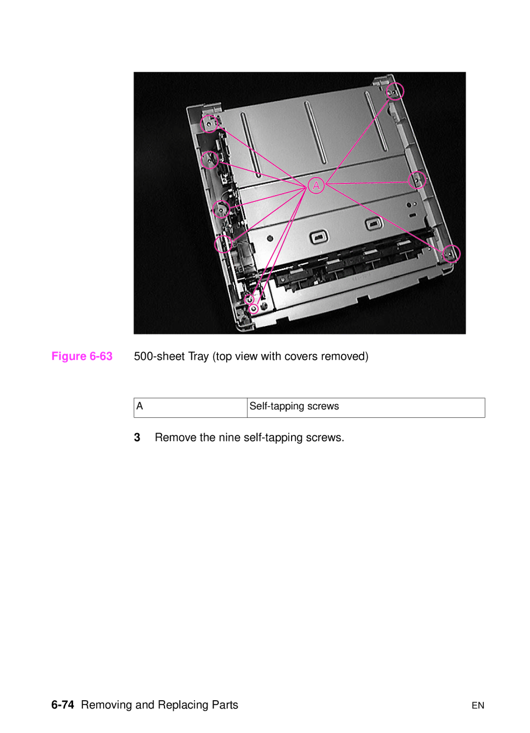 HP 5000n manual sheet Tray top view with covers removed, 74Removing and Replacing Parts 