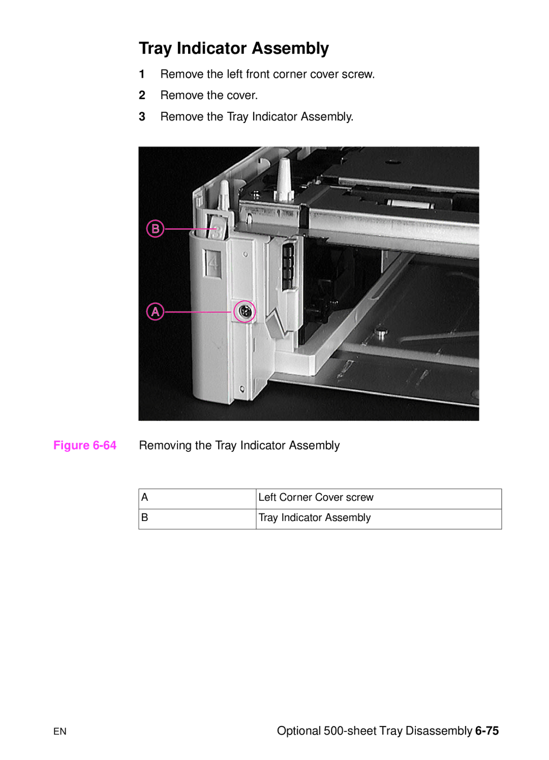 HP 5000n manual 64Removing the Tray Indicator Assembly 