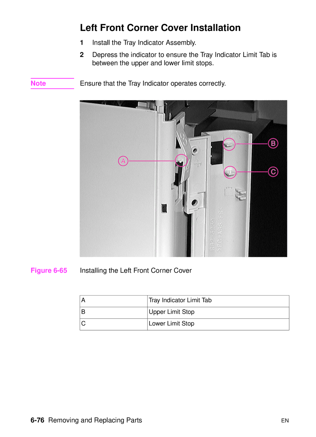 HP 5000n manual Left Front Corner Cover Installation, 76Removing and Replacing Parts 