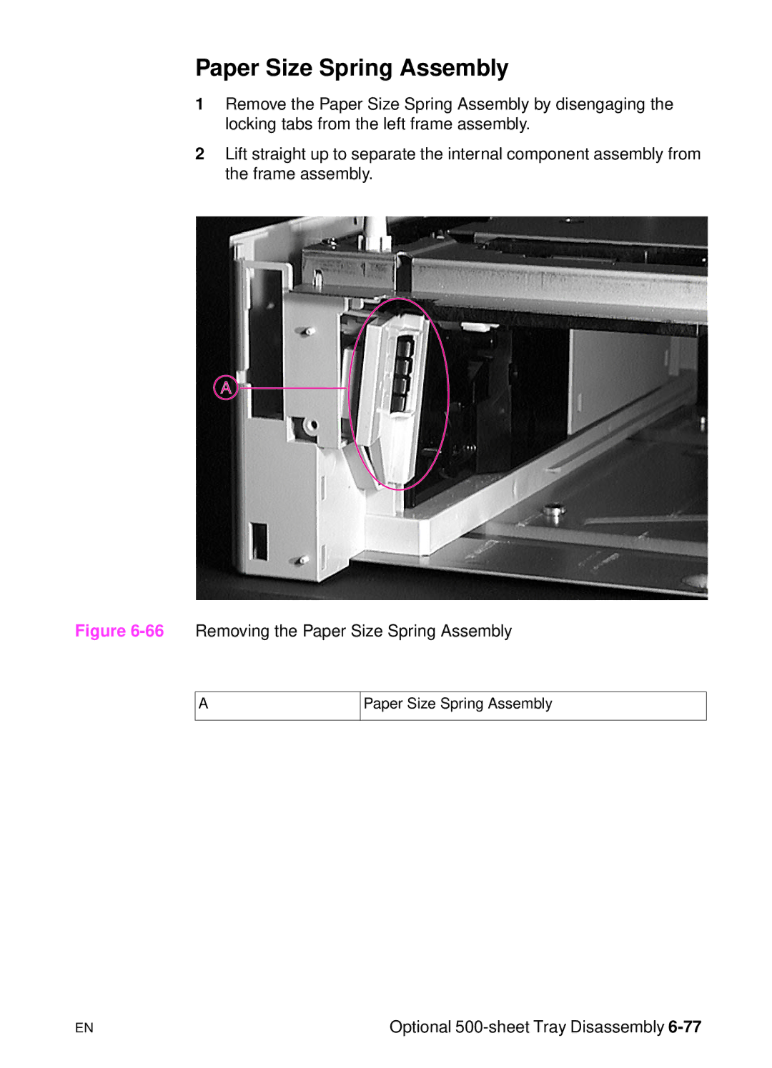 HP 5000n manual 66Removing the Paper Size Spring Assembly 