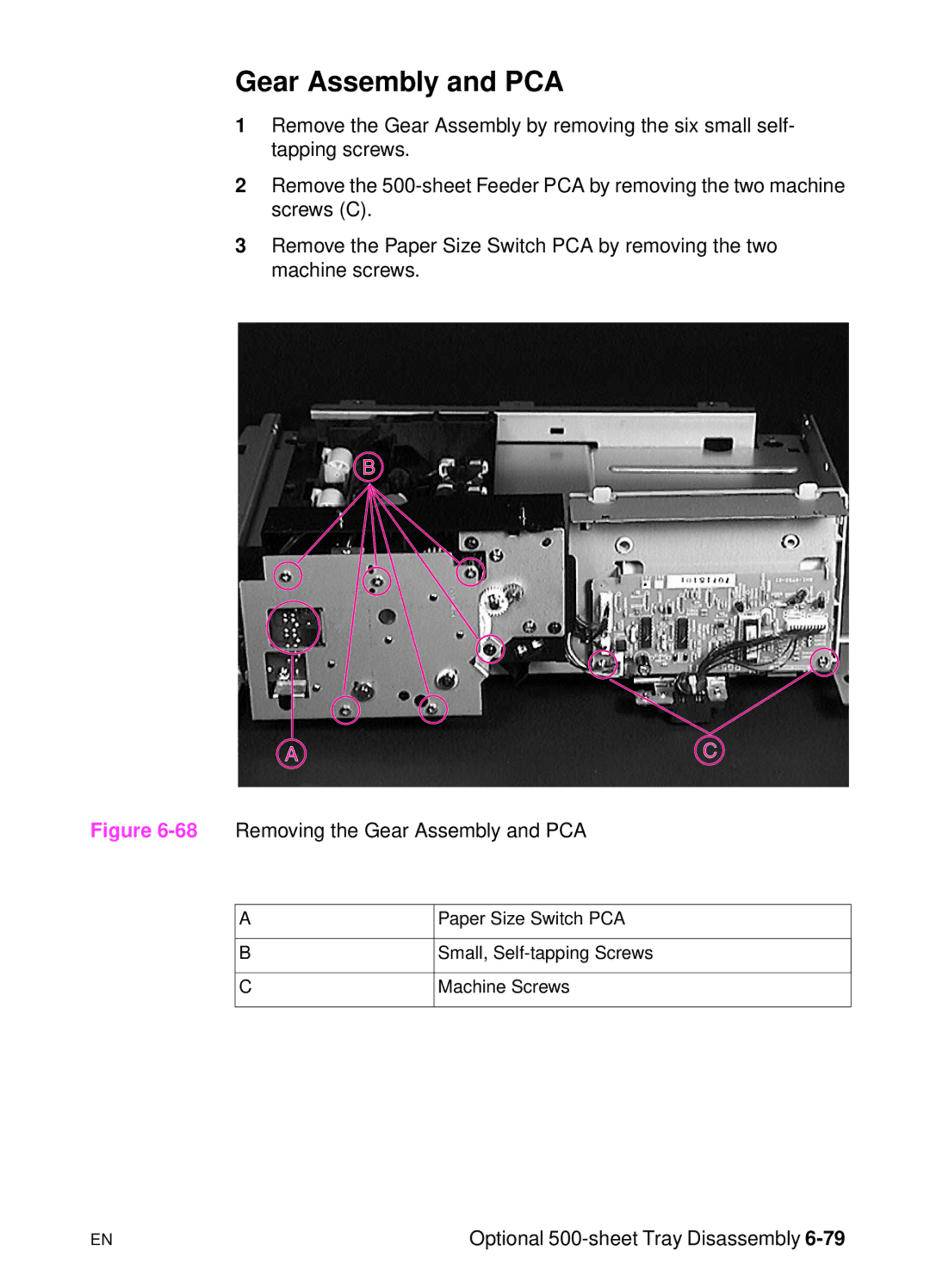 HP 5000n manual 68Removing the Gear Assembly and PCA 