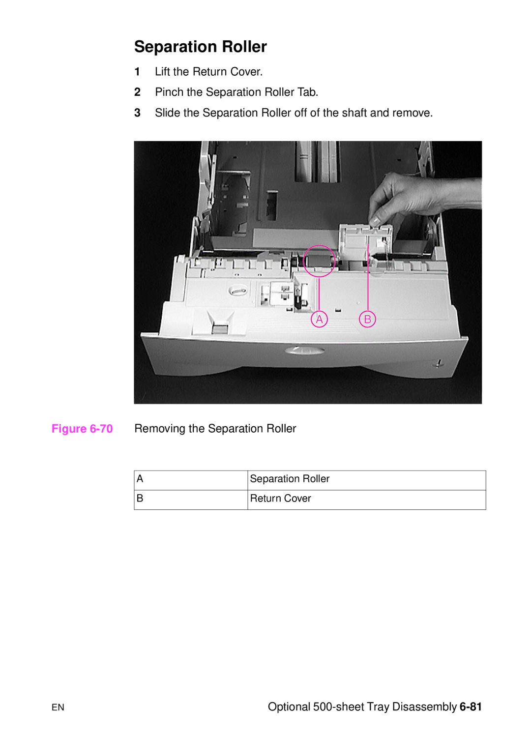 HP 5000n manual 70Removing the Separation Roller 