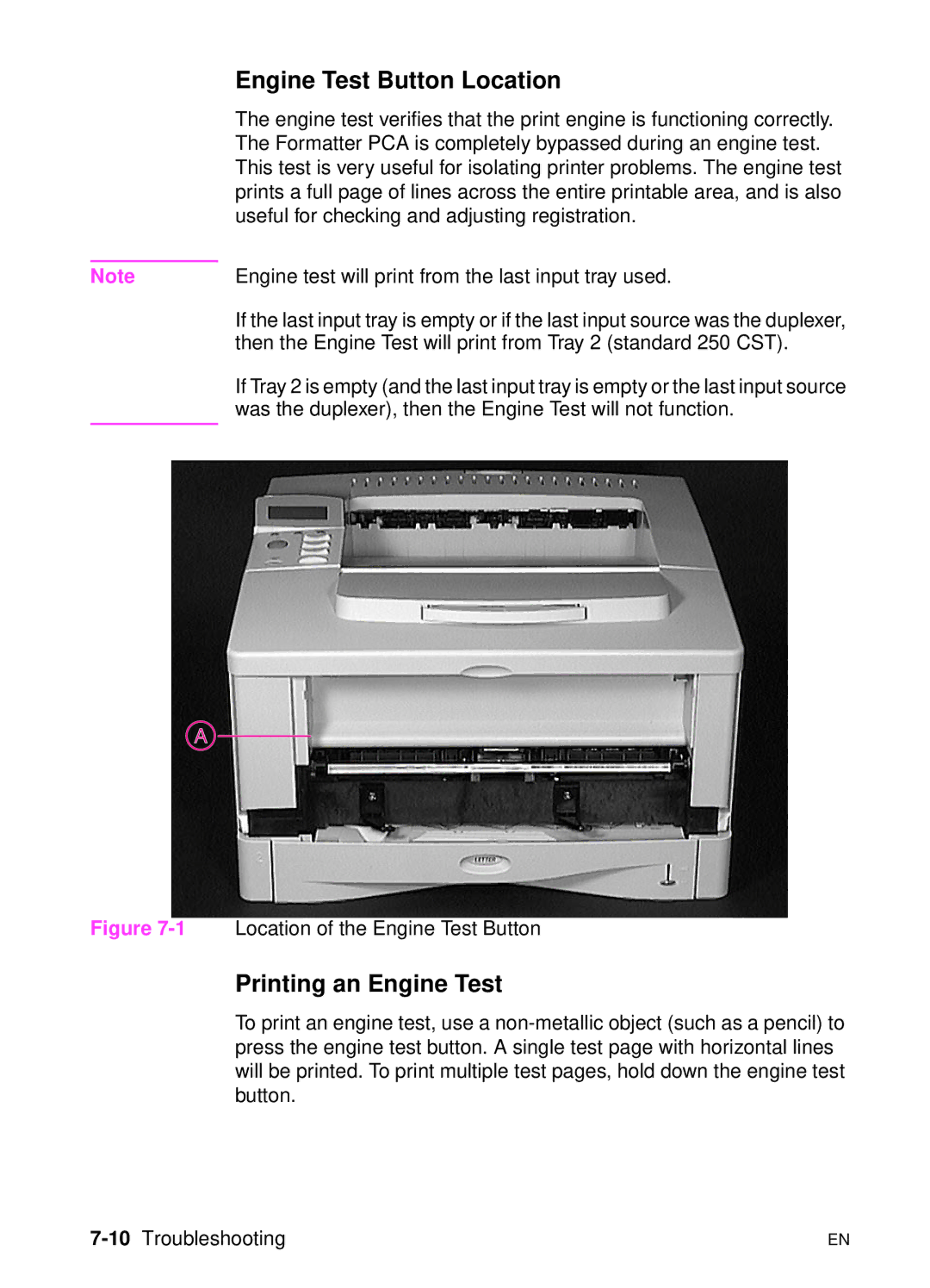 HP 5000n manual Engine Test Button Location, Printing an Engine Test, 10Troubleshooting 