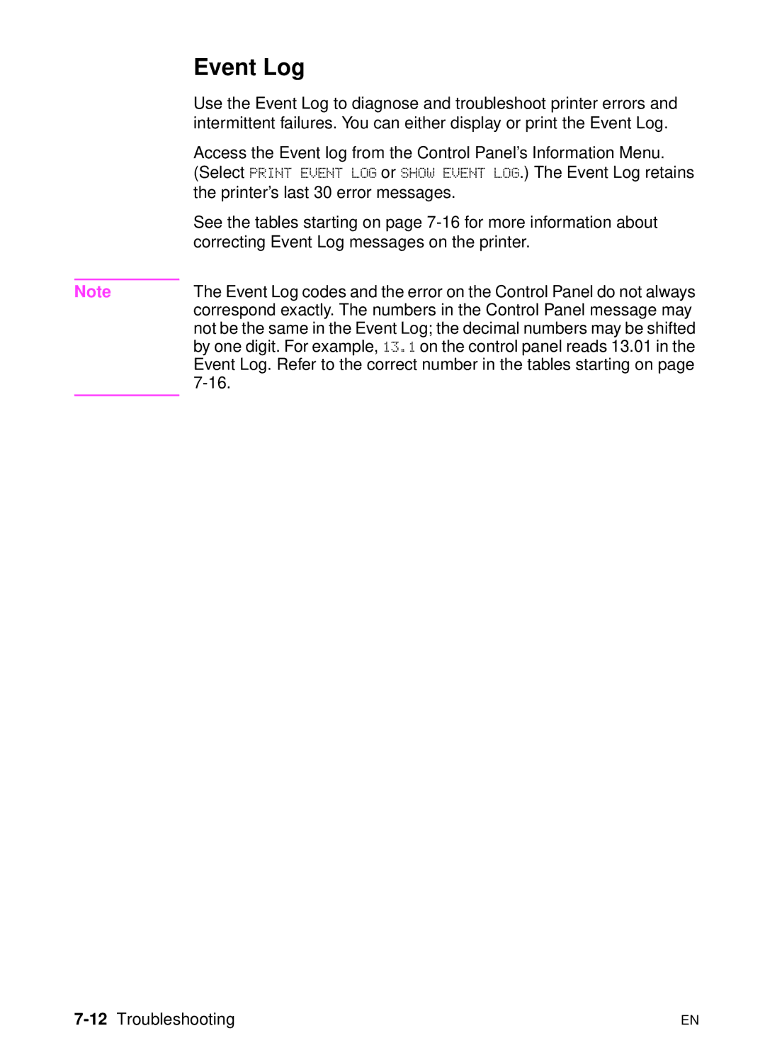 HP 5000n manual Event Log, 12Troubleshooting 